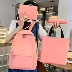 4PCS Pink Backpack Set School Daypack Travel Shoulder Tote Lunch Pencil Bag