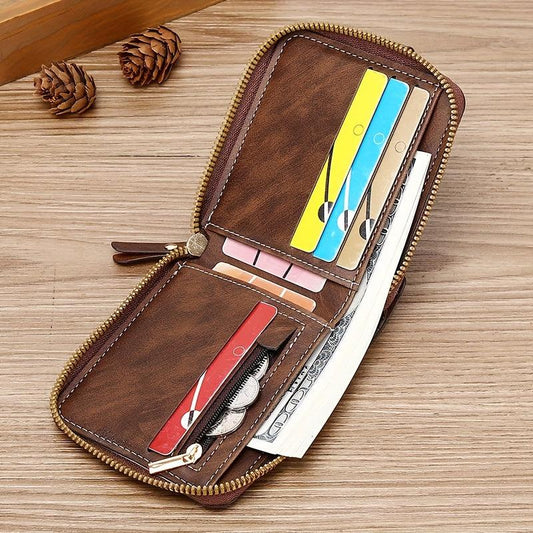 Men's PU Button Decor Zipper Credit Card Holder Bifold Wallet