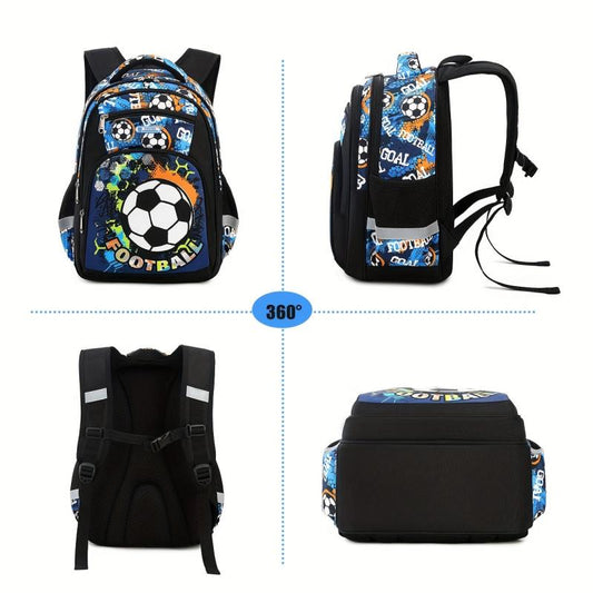 Football Print Backpack for Boys, Lightweight, Waterproof, Large Capacity