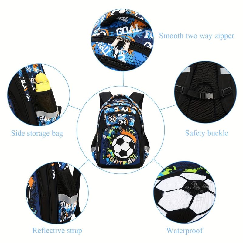 Football Print Backpack for Boys, Lightweight, Waterproof, Large Capacity