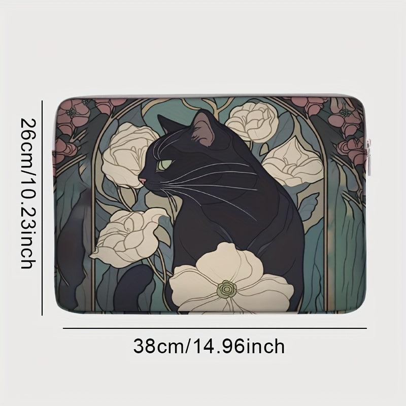 Cat with Peonies Laptop Sleeve 38cm Zip Closure Polyester Office College Commute