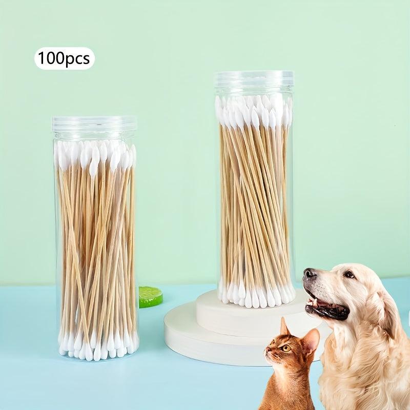 100pcs Long Pet Cotton Swabs Wood Handle Ear Cleaning