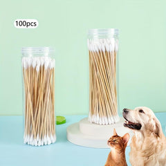 100pcs Long Pet Cotton Swabs Wood Handle Ear Cleaning