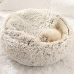Plush Hooded Cat Cave Bed Round Pet Sleeping Cushion Bed