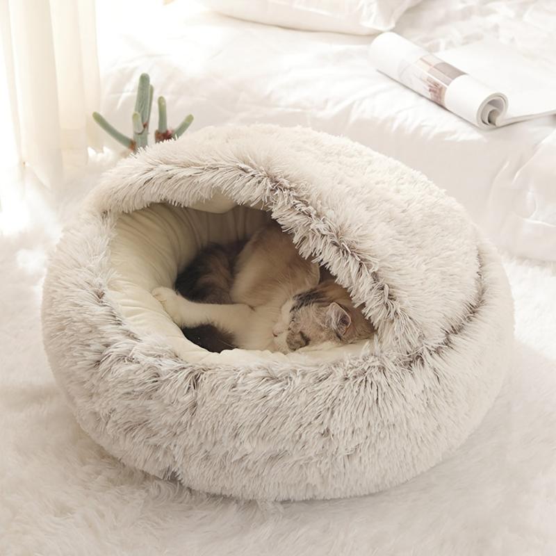 Plush Hooded Cat Cave Bed Round Pet Sleeping Cushion Bed