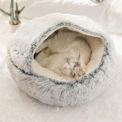 Plush Hooded Cat Cave Bed Round Pet Sleeping Cushion Bed
