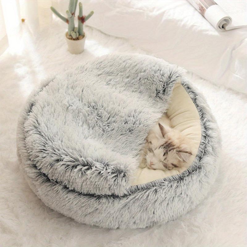 Plush Hooded Cat Cave Bed Round Pet Sleeping Cushion Bed