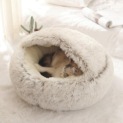 Plush Hooded Cat Cave Bed Round Pet Sleeping Cushion Bed