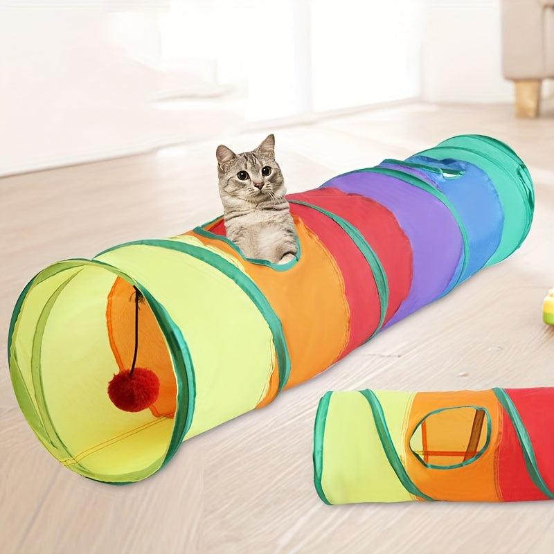Foldable Rainbow Cat Tunnel Toy with Plush Ball for Fun Play