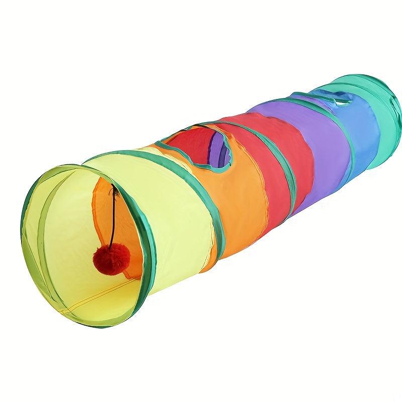 Foldable Rainbow Cat Tunnel Toy with Plush Ball for Fun Play
