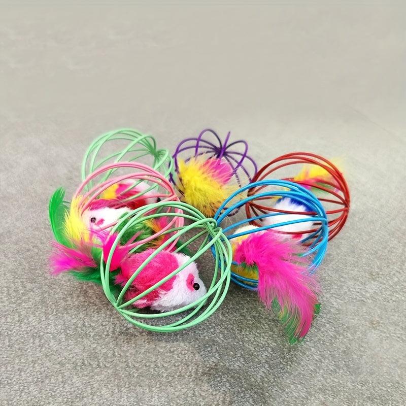 Pet Cat Toy Cage Mouse With Feather Tail Cat Teaser Ball