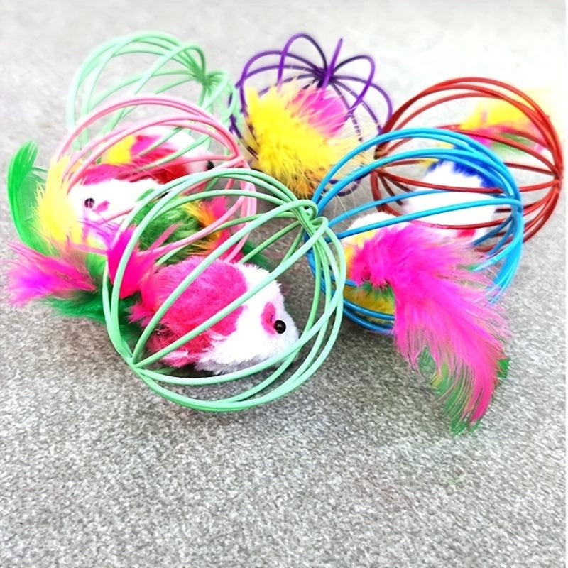 Pet Cat Toy Cage Mouse With Feather Tail Cat Teaser Ball