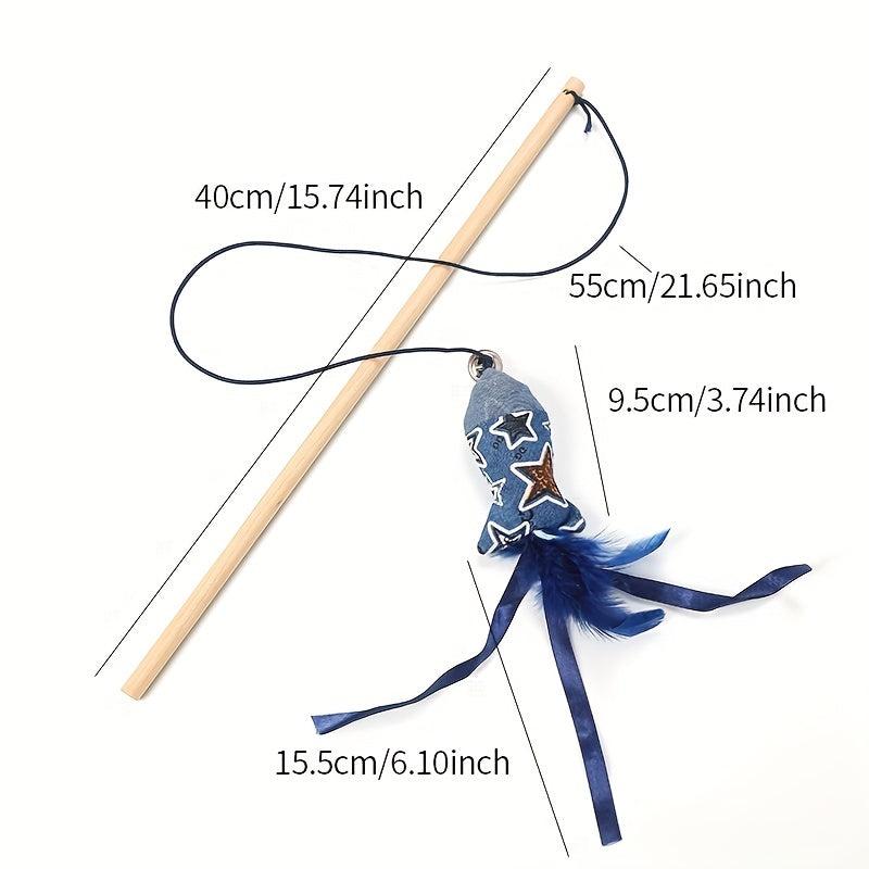 Wood Cat Toy Rod with Feather & Bell - Fun for Cats