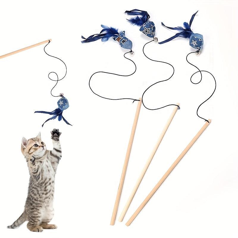 Wood Cat Toy Rod with Feather & Bell - Fun for Cats