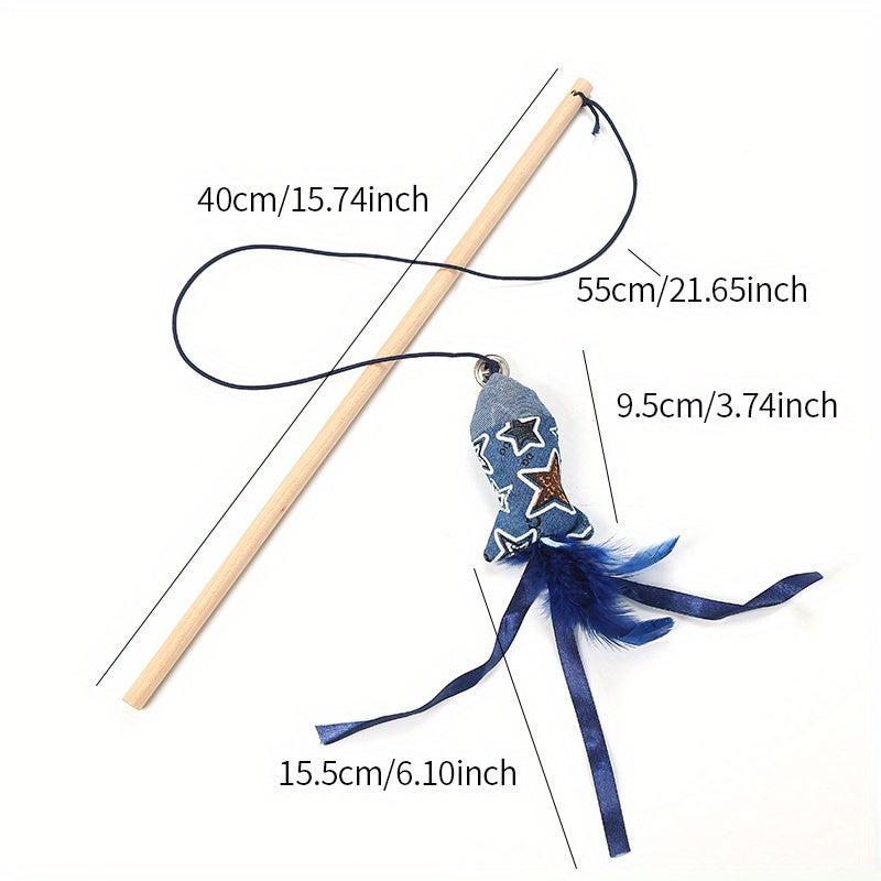 Wood Cat Toy Rod with Feather & Bell - Fun for Cats
