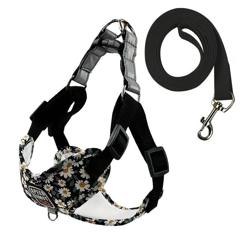 Flower Pattern Dog Vest Harness w/ Leash for Outdoor Walking