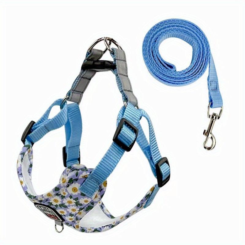 Flower Pattern Dog Vest Harness w/ Leash for Outdoor Walking