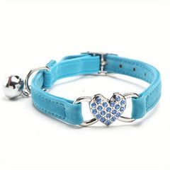 Velvet Cat Collar with Heart Charm, Rhinestones, Bells
