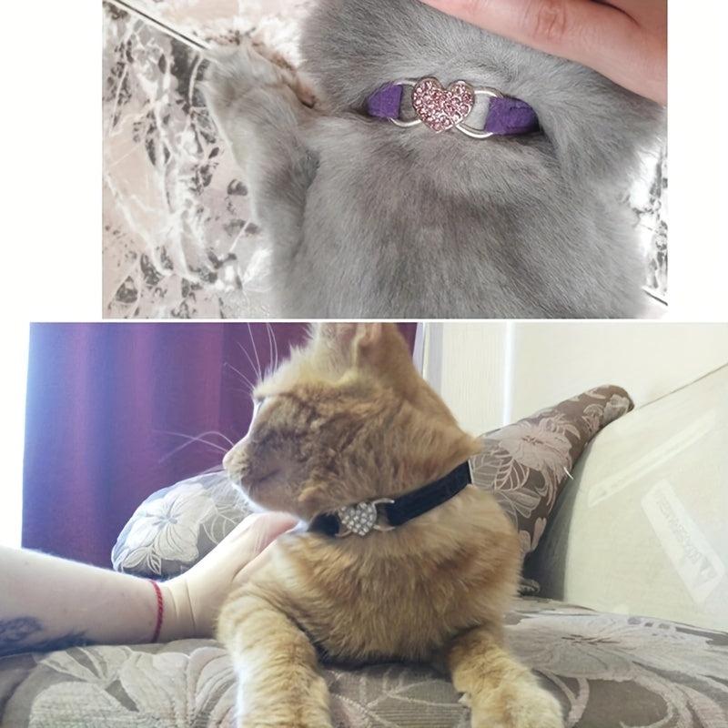 Velvet Cat Collar with Heart Charm, Rhinestones, Bells