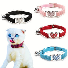 Velvet Cat Collar with Heart Charm, Rhinestones, Bells