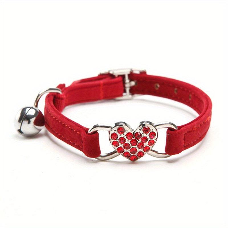 Velvet Cat Collar with Heart Charm, Rhinestones, Bells