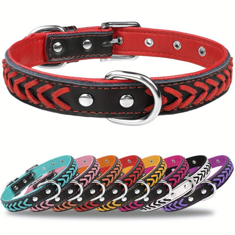 Taglory Leather Dog Collar Braided Padded Collar Double D Rings