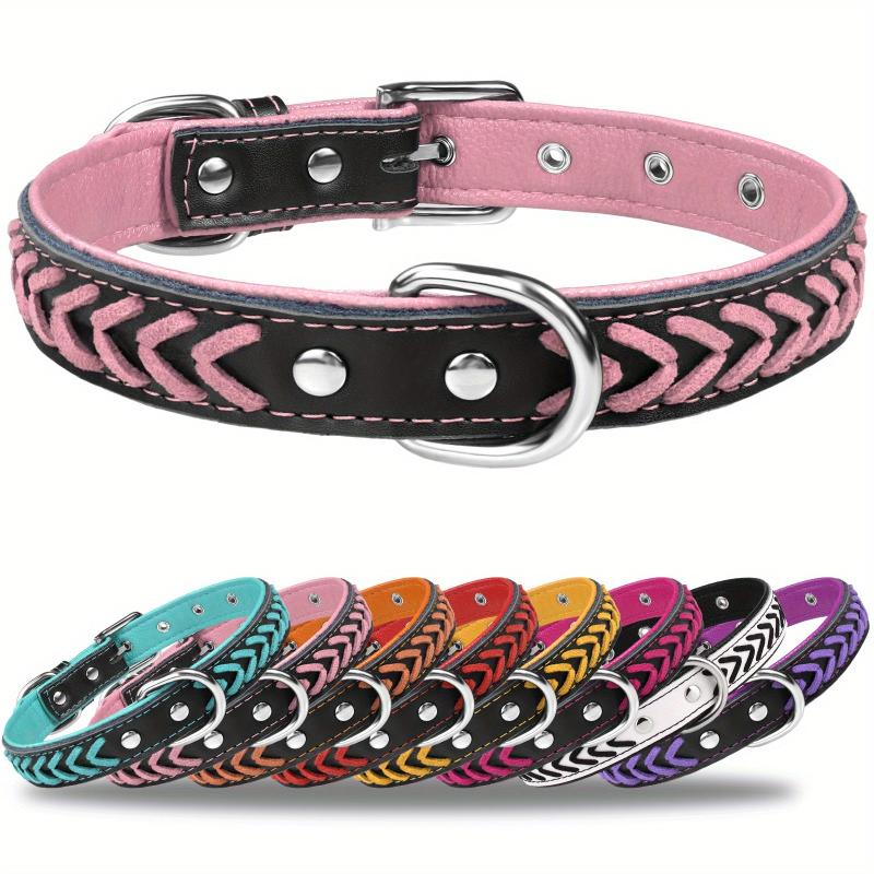 Taglory Leather Dog Collar Braided Padded Collar Double D Rings