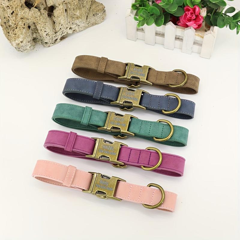 Personalized Leather Dog Collar Engraved ID Tag Customized Necklace