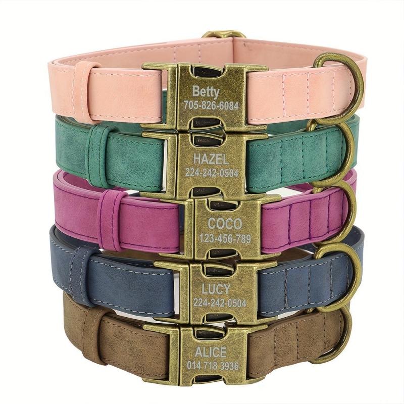 Personalized Leather Dog Collar Engraved ID Tag Customized Necklace