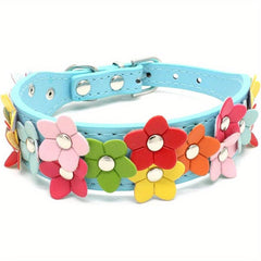 Double Row Small Flower Pet Collar PU Leather Dog Collar