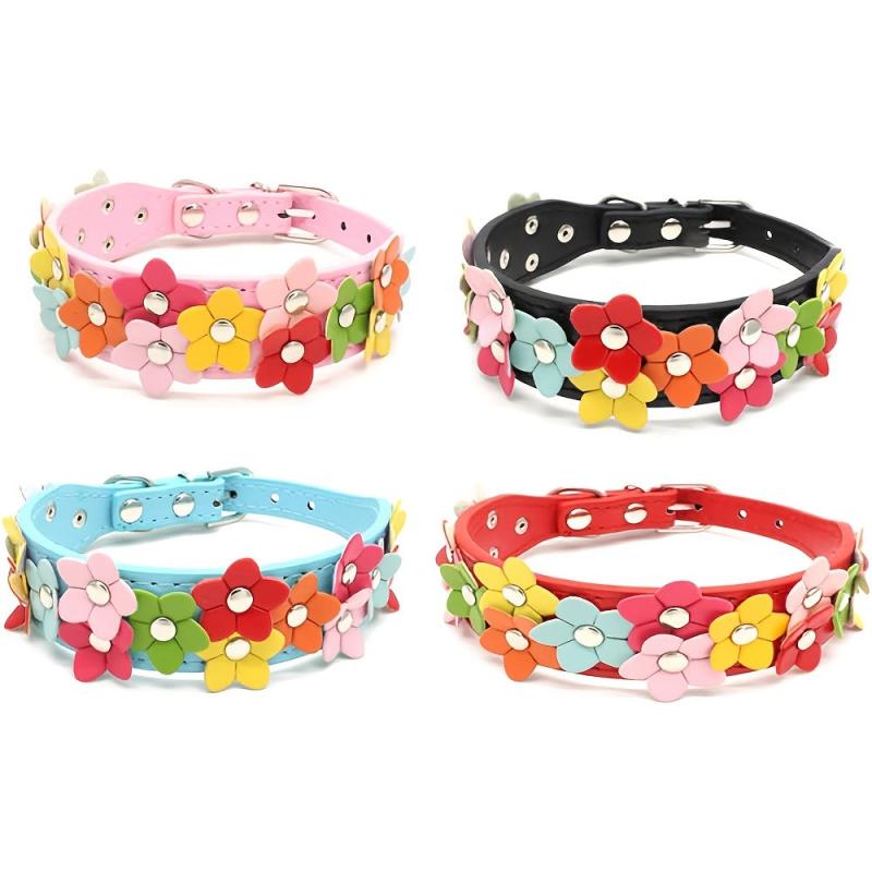 Double Row Small Flower Pet Collar PU Leather Dog Collar