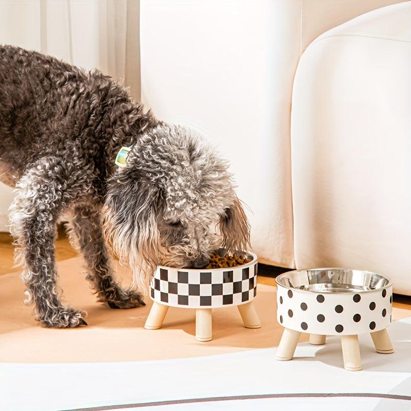 Elevated Graphic Pattern Cat Bowl With Wooden Stand
