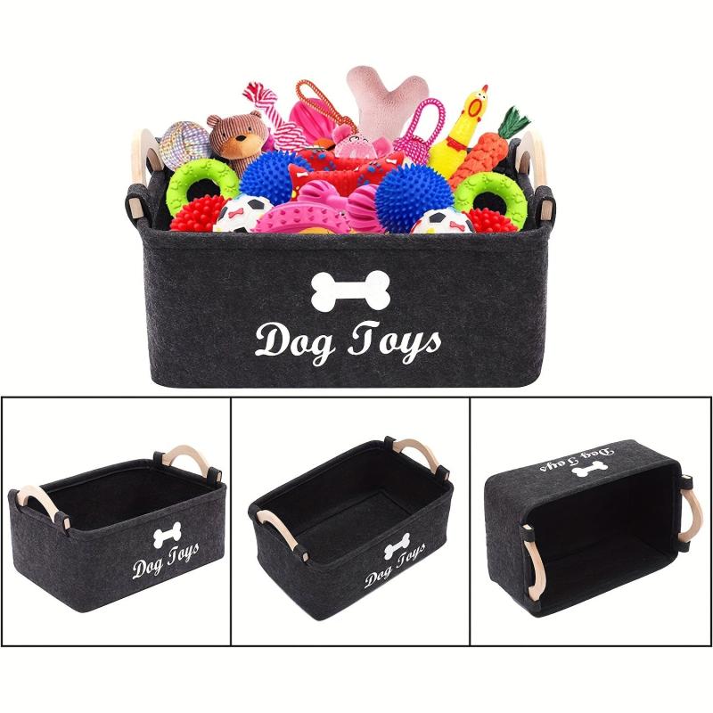Felt Pet Toy Basket Dog Snack Storage Box Wooden Handle