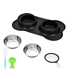 Stainless Steel Double Dog Bowl with No Spill Silicone Mat