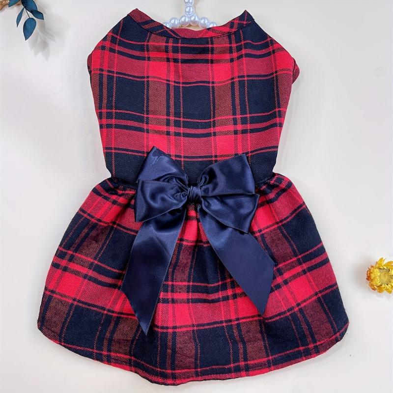 Pet Red Plaid Dog Dress With Bowknot Decor Puppy And Cat Skirt