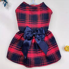Pet Red Plaid Dog Dress With Bowknot Decor Puppy And Cat Skirt
