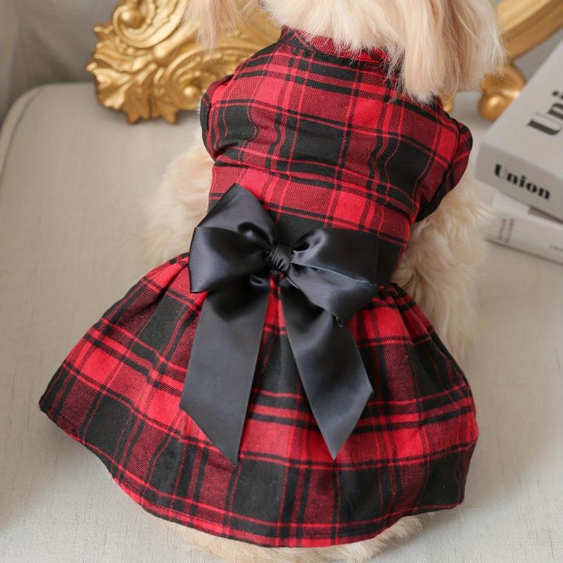 Pet Red Plaid Dog Dress With Bowknot Decor Puppy And Cat Skirt