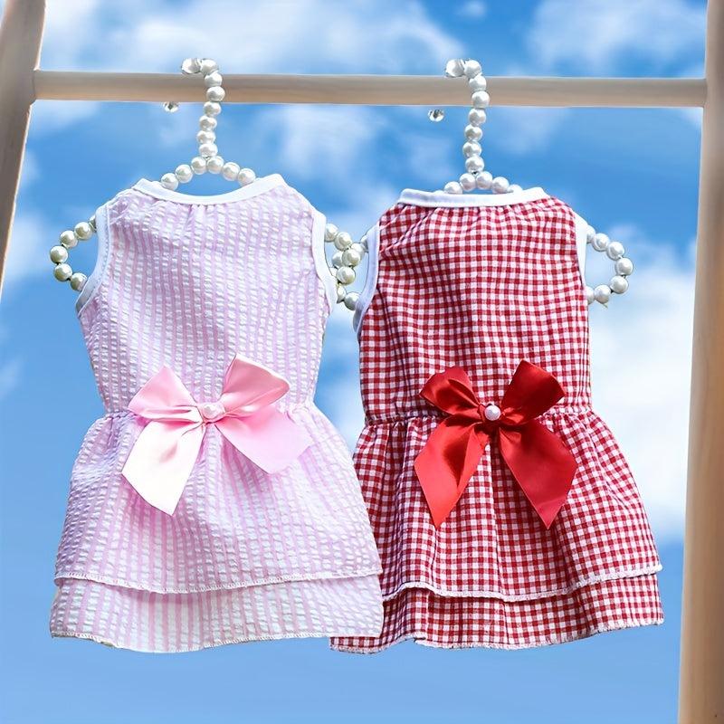 Checkered Dog Dress with Bow for Small and Medium Pets