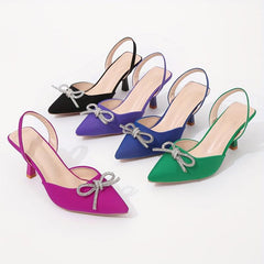 Rhinestone Bow Stiletto Sandals Satin Slingback High Heels