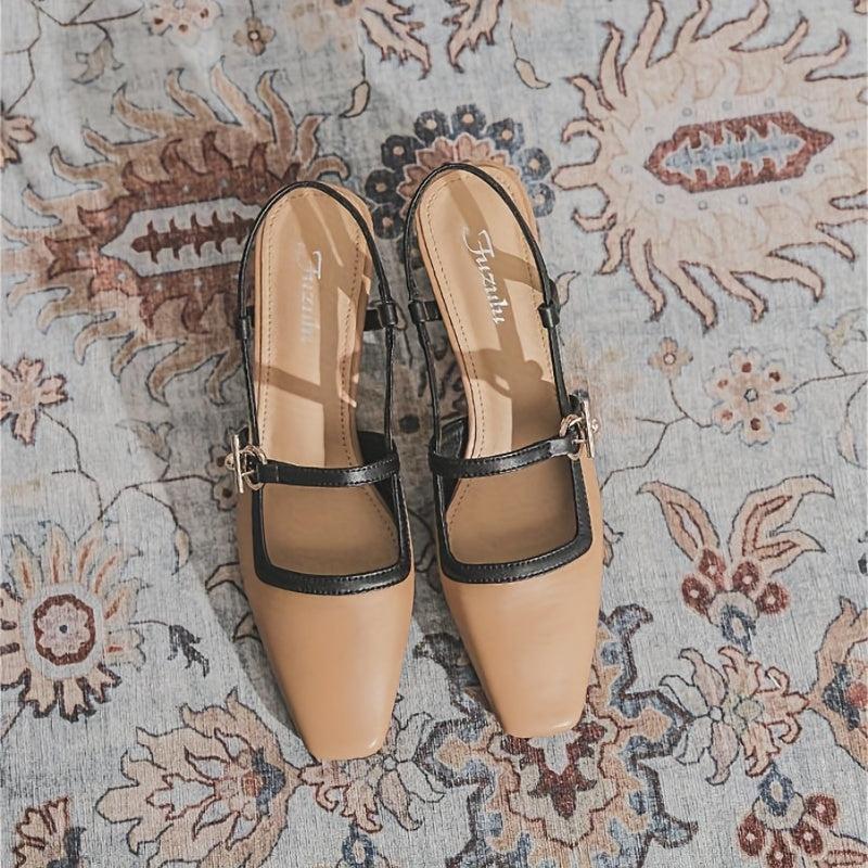 Metal Decor Chunky Heels Square Toe Slip On Pumps