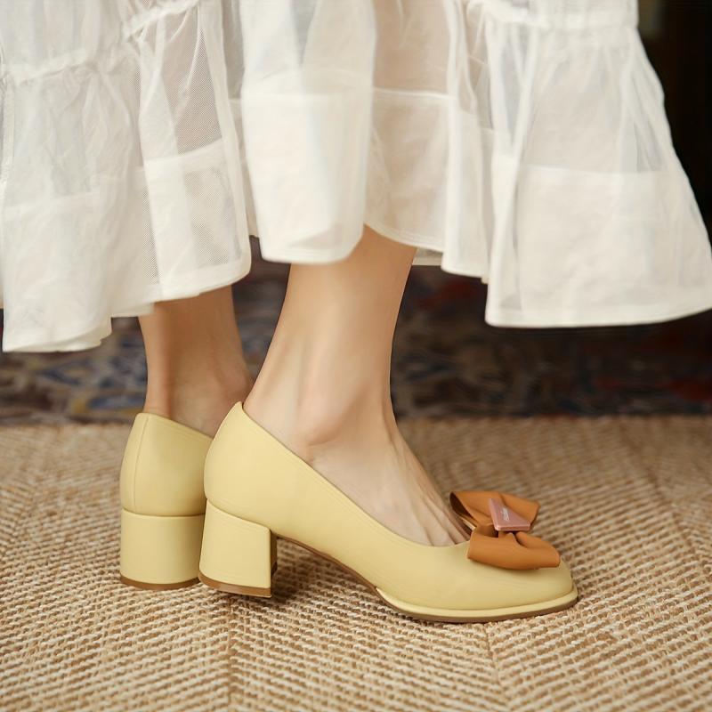 Bowknot Chunky Heels Slip On Pumps