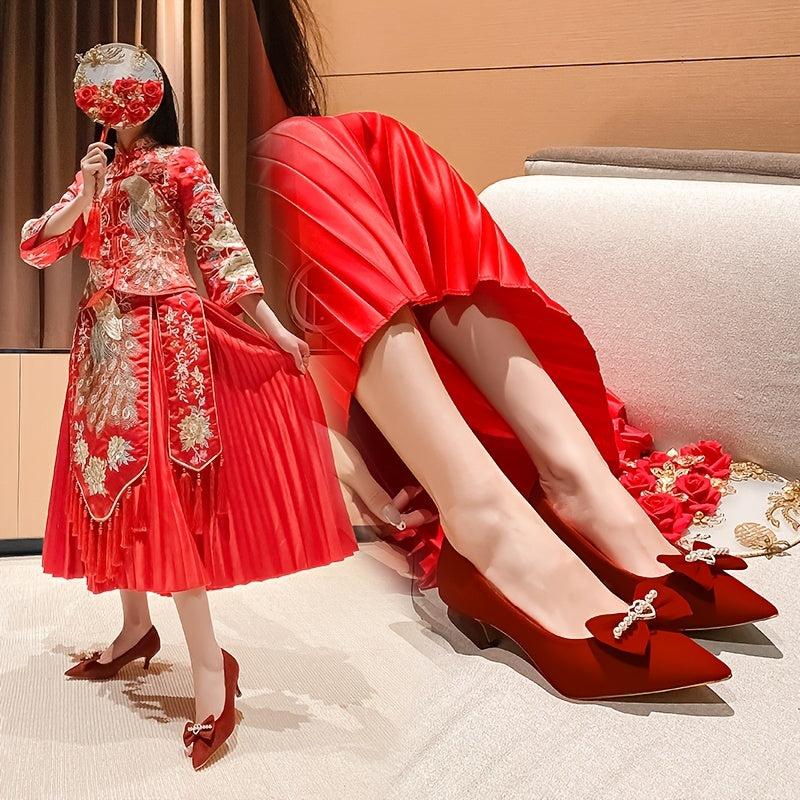 Red Kitten Heeled Pumps with Bow Tie Slip on Pointed Toe