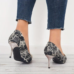 Pointed Toe High Heels Faux Pearl Print Stiletto Heels