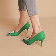 Crystal Decor Stiletto Heels Point Toe Faux Leather Pumps