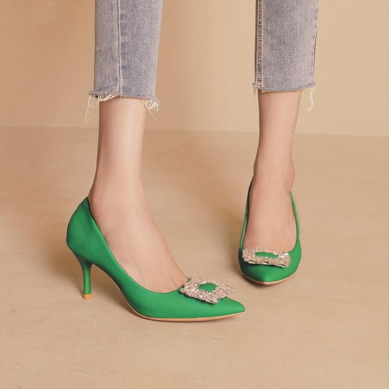 Crystal Decor Stiletto Heels Point Toe Faux Leather Pumps