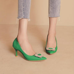 Crystal Decor Stiletto Heels Point Toe Faux Leather Pumps