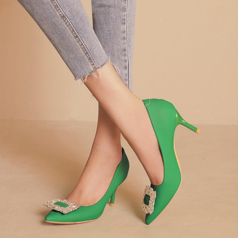 Crystal Decor Stiletto Heels Point Toe Faux Leather Pumps