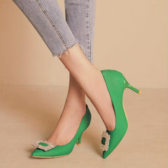Crystal Decor Stiletto Heels Point Toe Faux Leather Pumps