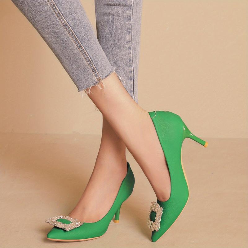 Crystal Decor Stiletto Heels Point Toe Faux Leather Pumps