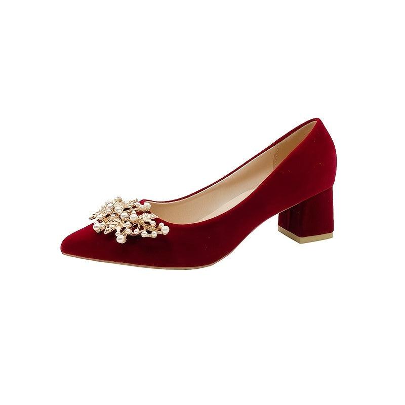 Pearl High Heels Block Heeled Pointed Toe Wedding Shoes